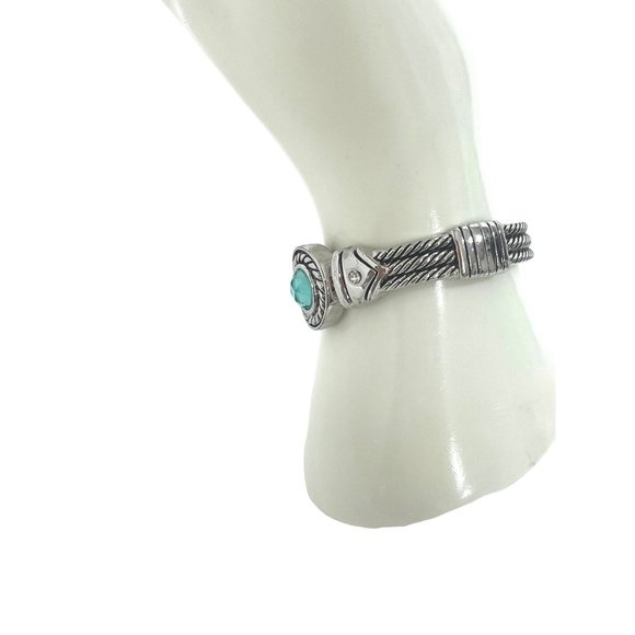 Women’s Silver Tone Bangle Bracelet 6.5 “ Oval Aqua Blue Faceted Plastic Stone - Picture 8 of 17